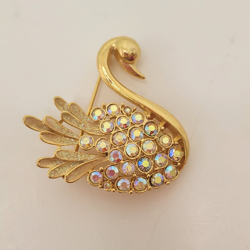 Vintage Swan Brooch Gold Tone AB Rhinestone Bird Pin Sparkling Figural Jewelry